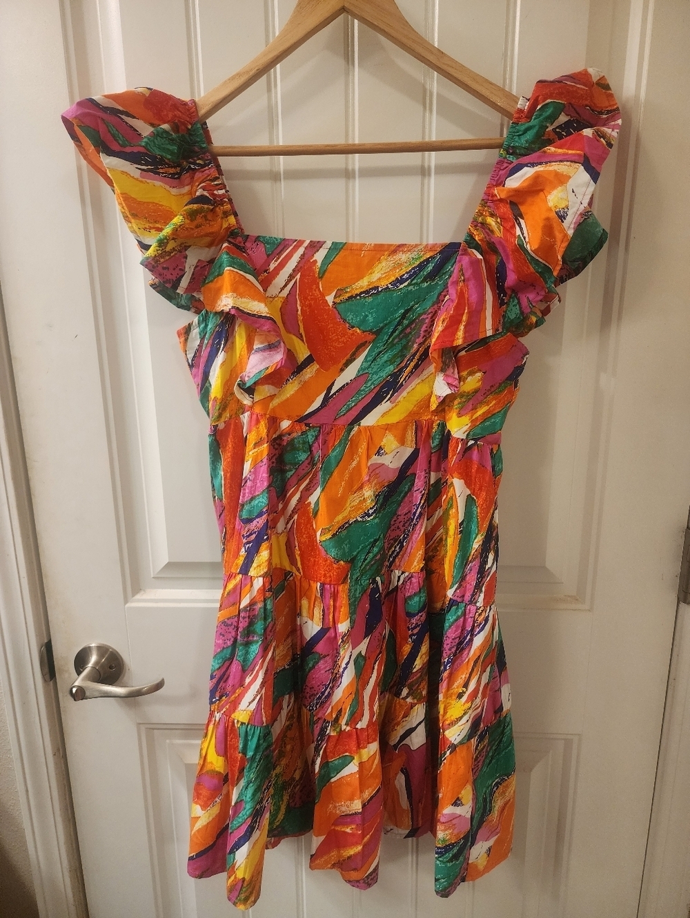 Flying Tomato Colorful Abstract Print Ruffle Sleeve Babydoll Dress Size L